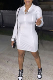 White Fashion Sexy Solid Patchwork Mandarin Collar Wrapped Skirt Dresses