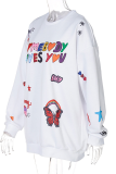 White Sweet Print Patchwork O Neck Tops