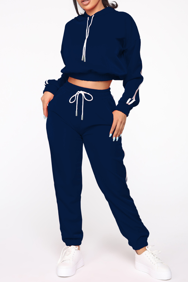 Tibetan Blue Casual Solid Patchwork O Neck Long Sleeve Two Pieces