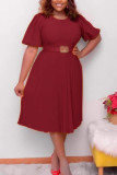 Wine Red Fashion Casual Plus Size Solid With Belt O Neck Pleated Dress