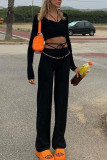 Black Casual Solid Patchwork Frenulum U Neck Long Sleeve Two Pieces