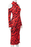 Red Sexy Print Patchwork Slit Zipper Half A Turtleneck Straight Dresses