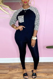 Red Casual Print Leopard Patchwork O Neck Long Sleeve Two Pieces