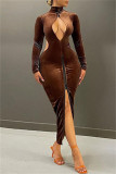 Black Fashion Sexy Solid Hollowed Out Zipper Turtleneck Long Sleeve Dresses