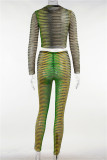 Green Fashion Sexy Print See-through O Neck Long Sleeve Two Pieces