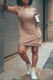Khaki Pre-sale Fashion Casual Solid Basic Hooded Collar Long Sleeve Dresses