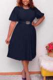 Tibetan Blue Fashion Casual Plus Size Solid With Belt O Neck Pleated Dress
