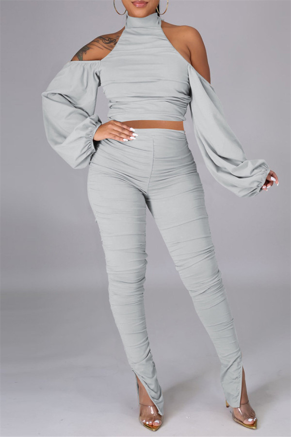 Light Gray Sexy Solid Bandage Backless Fold Turtleneck Long Sleeve Two Pieces