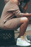 Khaki Pre-sale Fashion Casual Solid Basic Hooded Collar Long Sleeve Dresses
