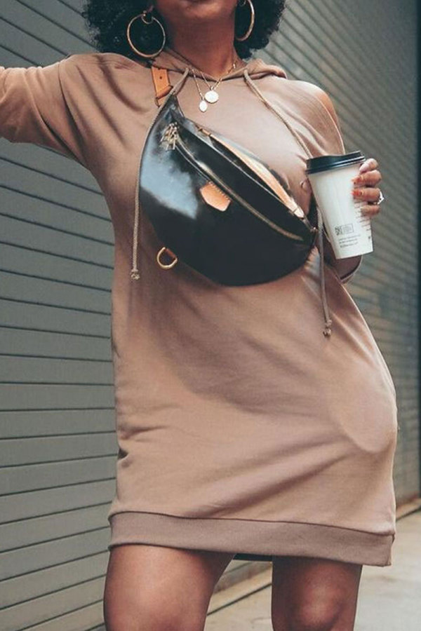 Khaki Pre-sale Fashion Casual Solid Basic Hooded Collar Long Sleeve Dresses