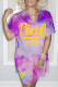 Purple Fashion Street Print Slit O Neck Short Sleeve Two Pieces