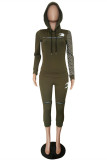 Army Green Fashion Casual Print Patchwork Hooded Collar Long Sleeve Two Pieces