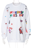 White Sweet Print Patchwork O Neck Tops
