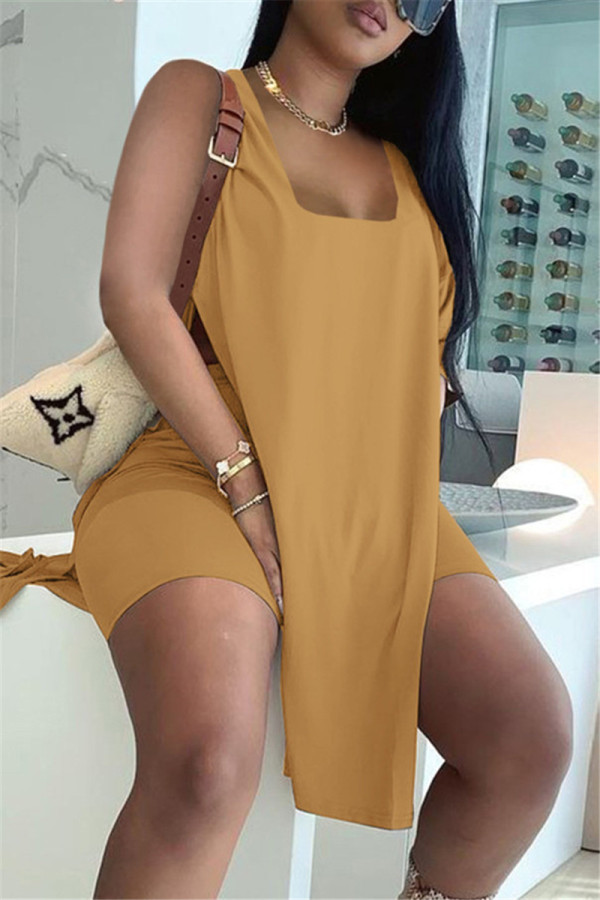 Khaki Fashion Casual Solid Slit U Neck Sleeveless Two Pieces