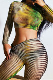 Green Fashion Sexy Print See-through O Neck Long Sleeve Two Pieces