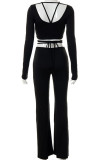 Black Casual Solid Patchwork Frenulum U Neck Long Sleeve Two Pieces