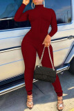 Burgundy Sexy Casual Solid Backless Turtleneck Skinny Jumpsuits
