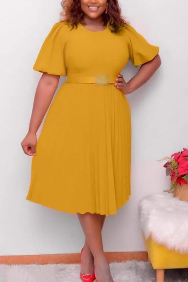 Yellow Fashion Casual Plus Size Solid With Belt O Neck Pleated Dress