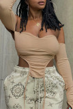 Khaki Sexy Casual Solid Backless Asymmetrical Off the Shoulder Tops