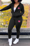 Black Casual Print Patchwork Hooded Collar Long Sleeve Two Pieces