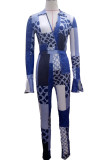 Blue Casual Print Patchwork V Neck Regular Jumpsuits