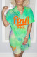 Green Fashion Street Print Slit O Neck Short Sleeve Two Pieces