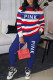 Blue Casual Print O Neck Long Sleeve Two Pieces