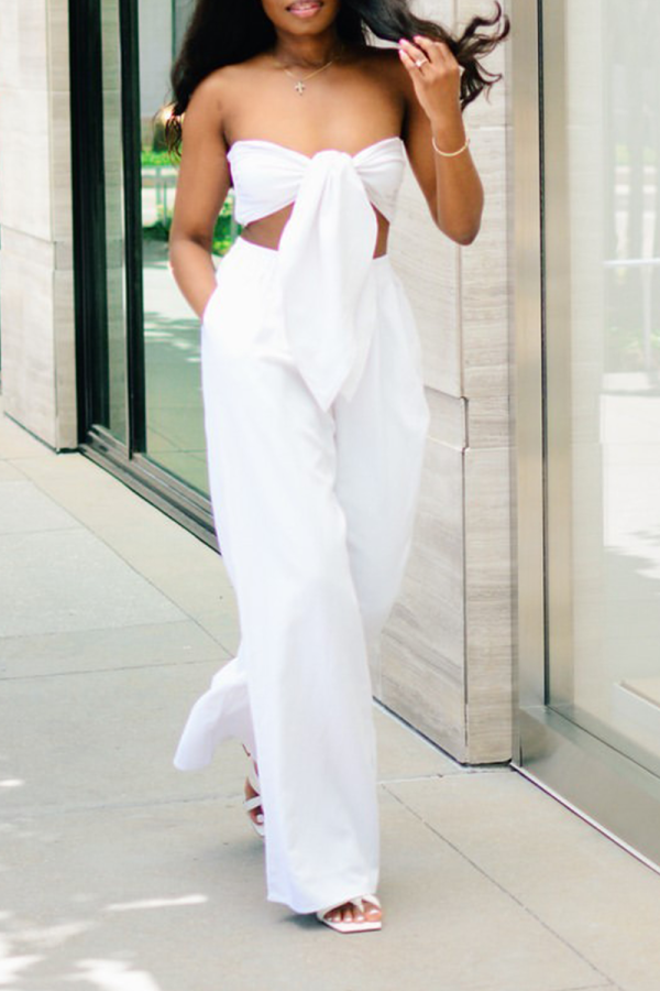 White Sexy Solid Bandage Strapless Sleeveless Two Pieces
