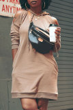 Khaki Pre-sale Fashion Casual Solid Basic Hooded Collar Long Sleeve Dresses