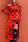Red Sexy Print Patchwork Slit Zipper Half A Turtleneck Straight Dresses