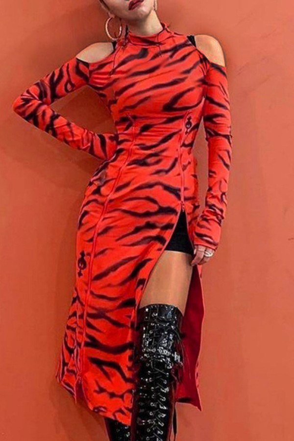 Red Sexy Print Patchwork Slit Zipper Half A Turtleneck Straight Dresses
