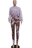 Blue Casual Print Patchwork Hooded Collar Long Sleeve Two Pieces
