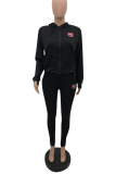 Black Casual Print Patchwork Hooded Collar Long Sleeve Two Pieces