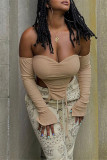 Khaki Sexy Casual Solid Backless Asymmetrical Off the Shoulder Tops