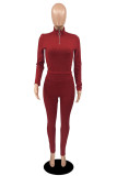 Red Fashion Casual Solid Basic Zipper Collar Long Sleeve Two Pieces