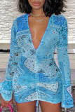 Blue Sexy Print Patchwork Fold V Neck Pencil Skirt Dresses