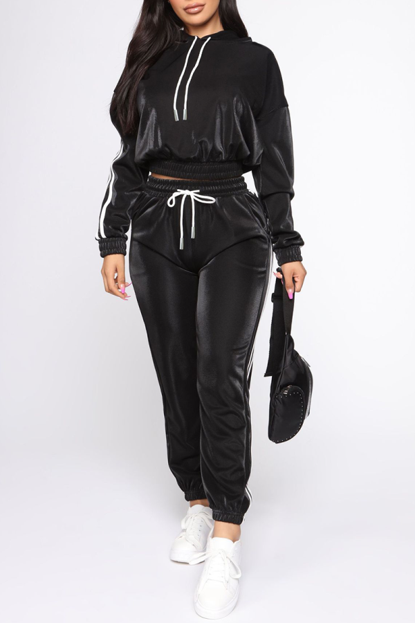 Black Casual Solid Patchwork O Neck Long Sleeve Two Pieces