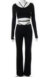 Black Casual Solid Patchwork Frenulum U Neck Long Sleeve Two Pieces