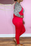 Red Casual Print Leopard Patchwork O Neck Long Sleeve Two Pieces