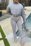 Grey Fashion Casual Solid Cardigan Zipper Collar Outerwear