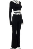 Black Casual Solid Patchwork Frenulum U Neck Long Sleeve Two Pieces