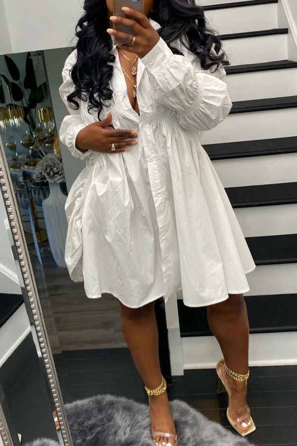 White Casual Solid Patchwork Buckle Turndown Collar A Line Dresses