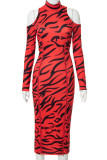 Red Sexy Print Patchwork Slit Zipper Half A Turtleneck Straight Dresses