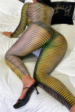 Green Fashion Sexy Print See-through O Neck Skinny Jumpsuits