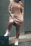 Khaki Pre-sale Fashion Casual Solid Basic Hooded Collar Long Sleeve Dresses
