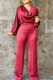 Red Casual Solid Split Joint O Neck Plus Size Jumpsuits