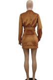 Yellow Sexy Solid Patchwork Zipper Collar Long Sleeve Two Pieces