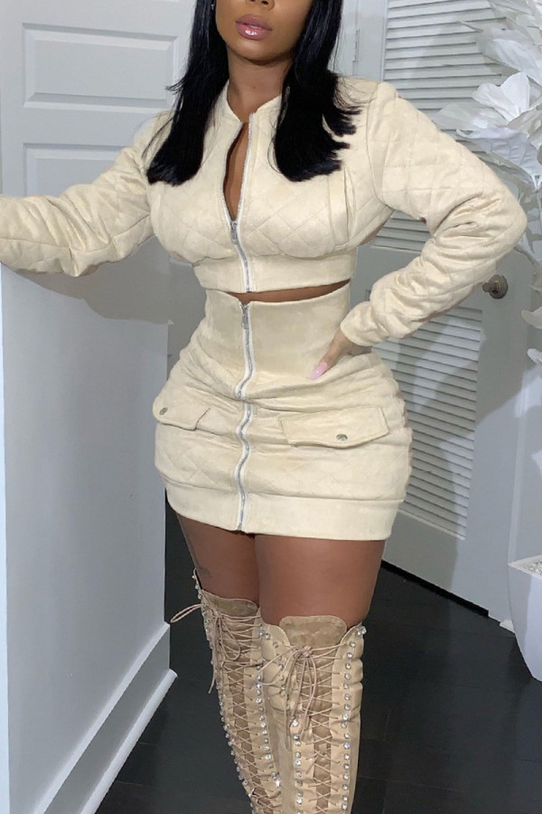 Apricot Sexy Solid Patchwork Zipper Collar Long Sleeve Two Pieces