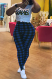 Blue Casual Plaid Patchwork O Neck Short Sleeve Two Pieces