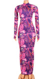 Purple Sexy Print Patchwork Slit One Step Skirt Dresses